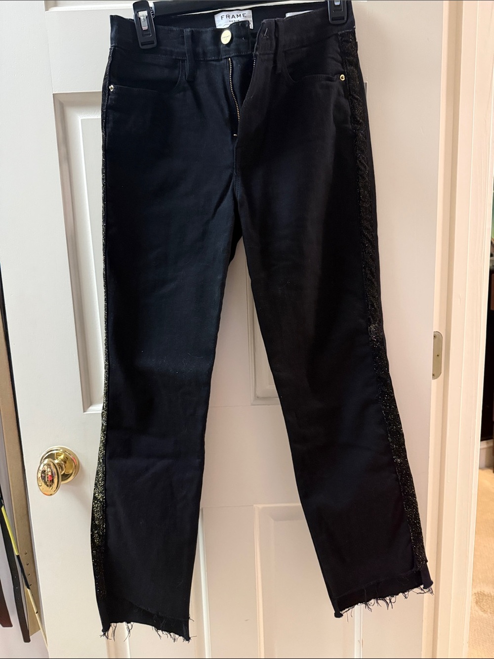 Frame Denim Black Straight-Leg Jeans with Sparkle Side Trim